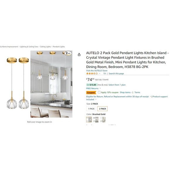 AUTELO 2-Pk Gold Pendant Lights Kitchen Island - Heavy Crystal Vintage Pendants - Picture 2 of 11
